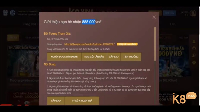 Giới thiệu bạn bè đăng ký nhà cái K8 để nhận ưu đãi khủng